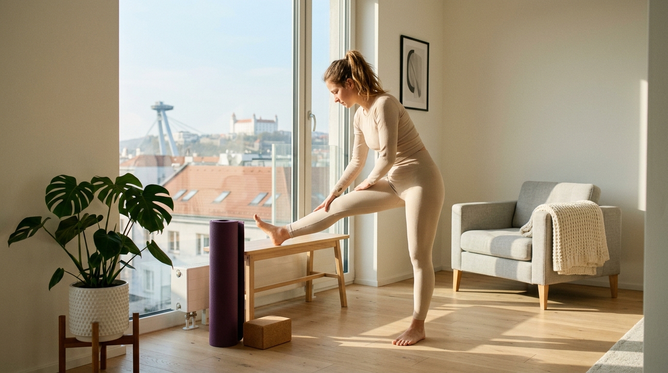 Mladá žena sa pri okne venuje ránu a natiahnutiu tela