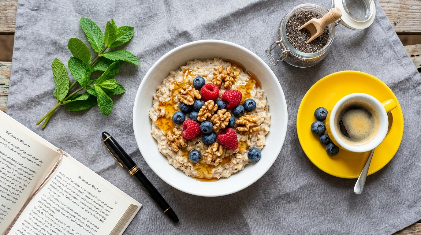 Zdravé raňajky — miska s ovsenými vločkami, ovocím a orieškami